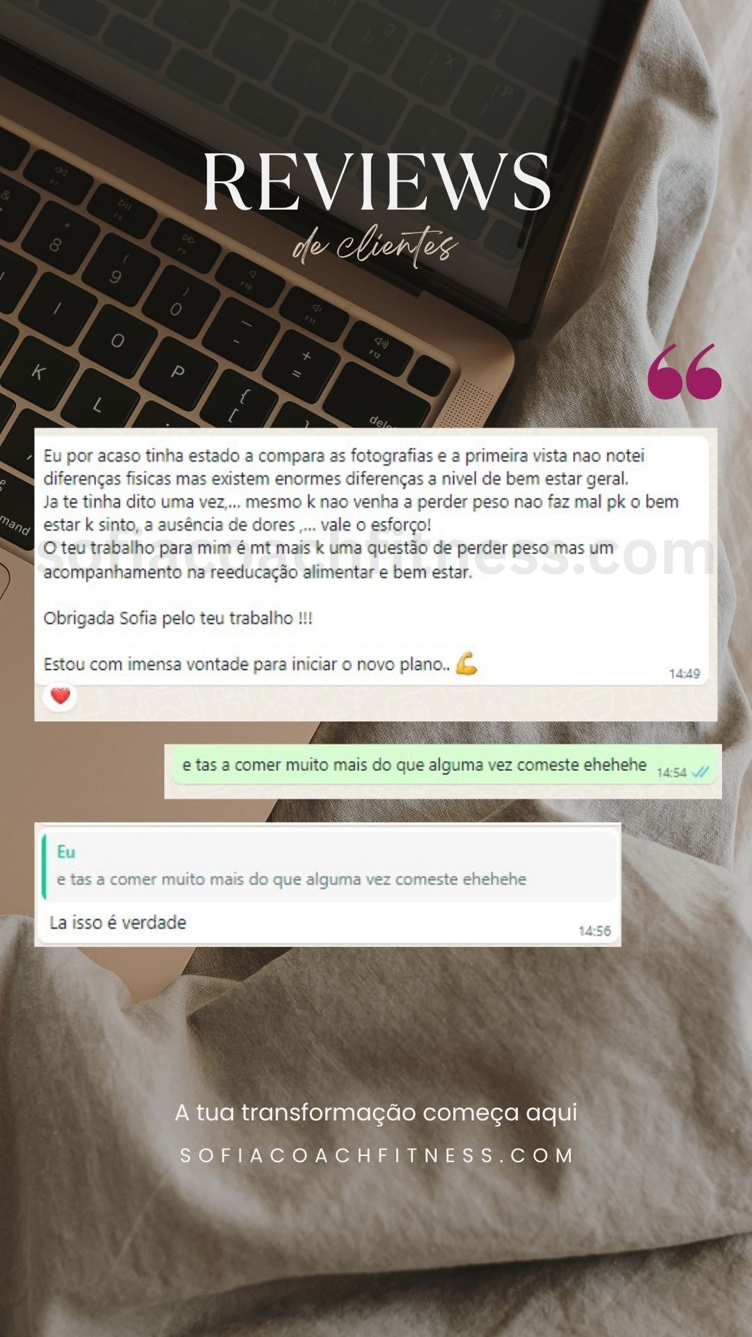 Review de WhatsApp com evolução física e melhoria do estilo de vida